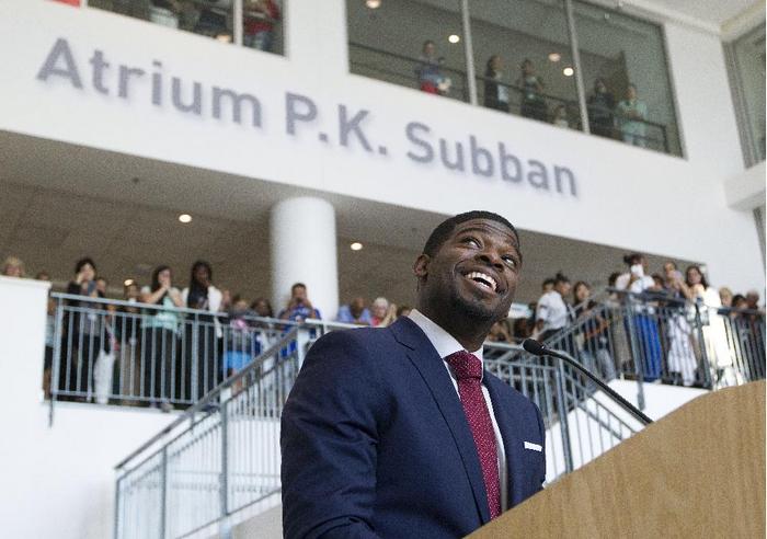 MONTREAL, QUE.: SEPTEMBER 16, 2015 -- Montreal Canadiesn defenceman P.K. Subban smiles during an announcement that he is to donate $10 million over 7 years to the Montreal Children's Hospital foundation, in an atrium at the hospital which now bears his name, in Montreal, Wednesday September 16, 2015. It's the largest philanthropic contribution by a sports figure in Canadian history. (Phil Carpenter / MONTREAL GAZETTE)
