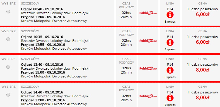 Количество автобусов с Жешува до Кракова на утро-обед 9 октября (перевозчик - PolskiBus)