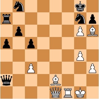 Чигорин объявляет мат в три хода: 1. Сс4+ Ф:с4 2. Фе8+ К:е8 3. Лf8х.
